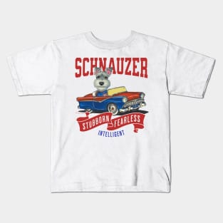 Humor funny cute schnauzer dog driving a classic retro vintage car with red white and blue flags Kids T-Shirt